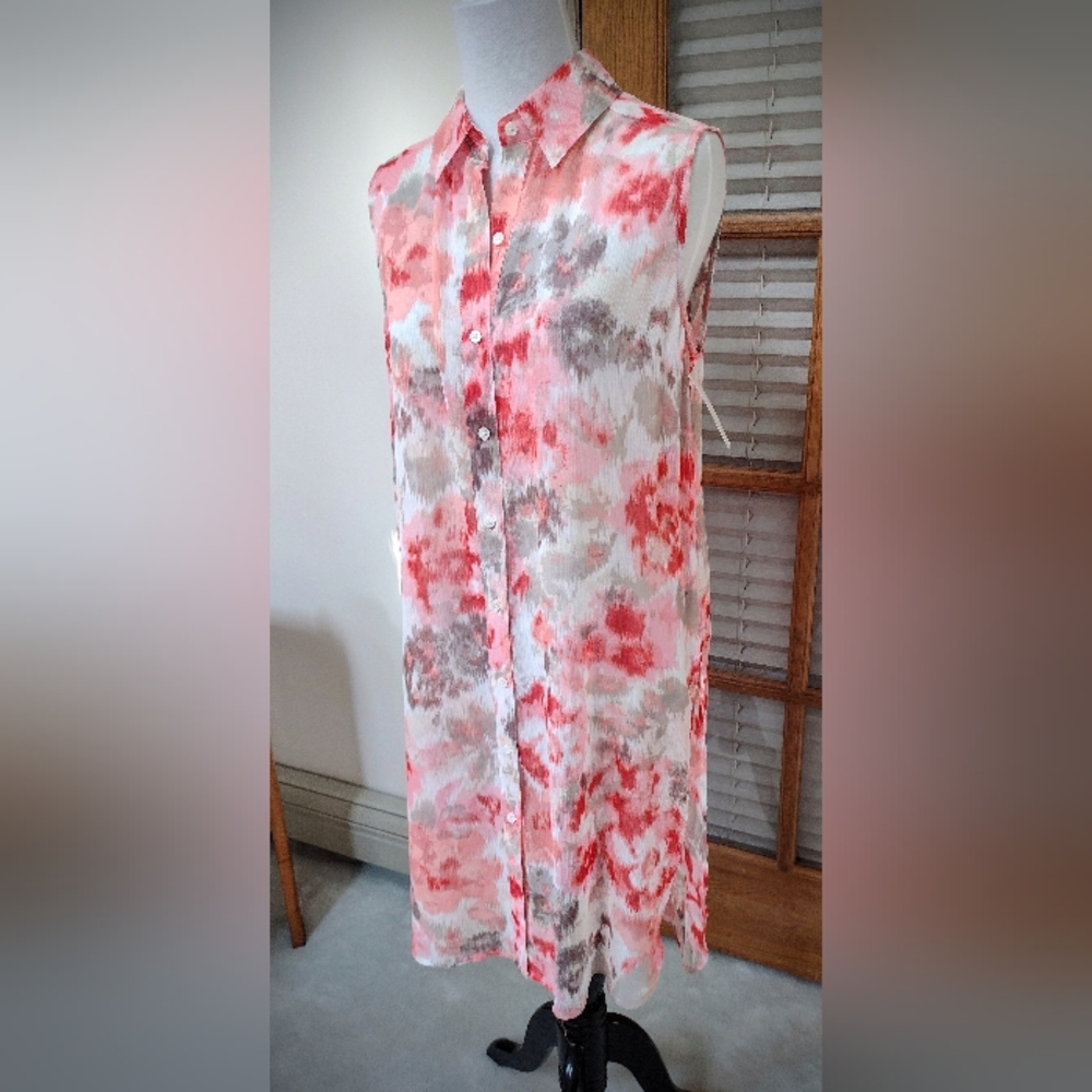 NWT Two by Vince Camuto Floral Button Up Tunic, Sleeveless Collared Dress, Small - Picture 2 of 12